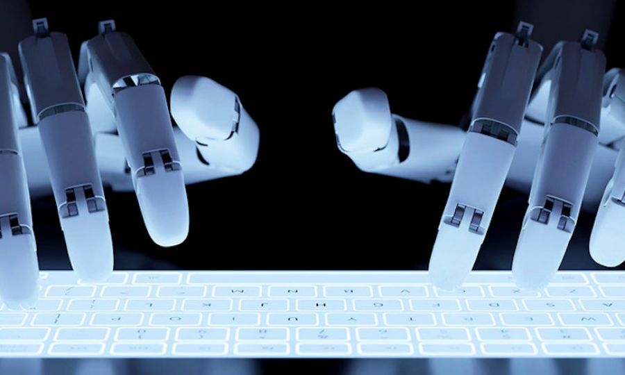 Robot hands typing on keyboard is a methapor for the commonsensebot