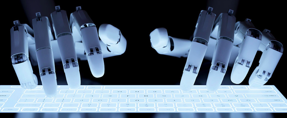 Robot hands typing on keyboard is a methapor for the commonsensebot