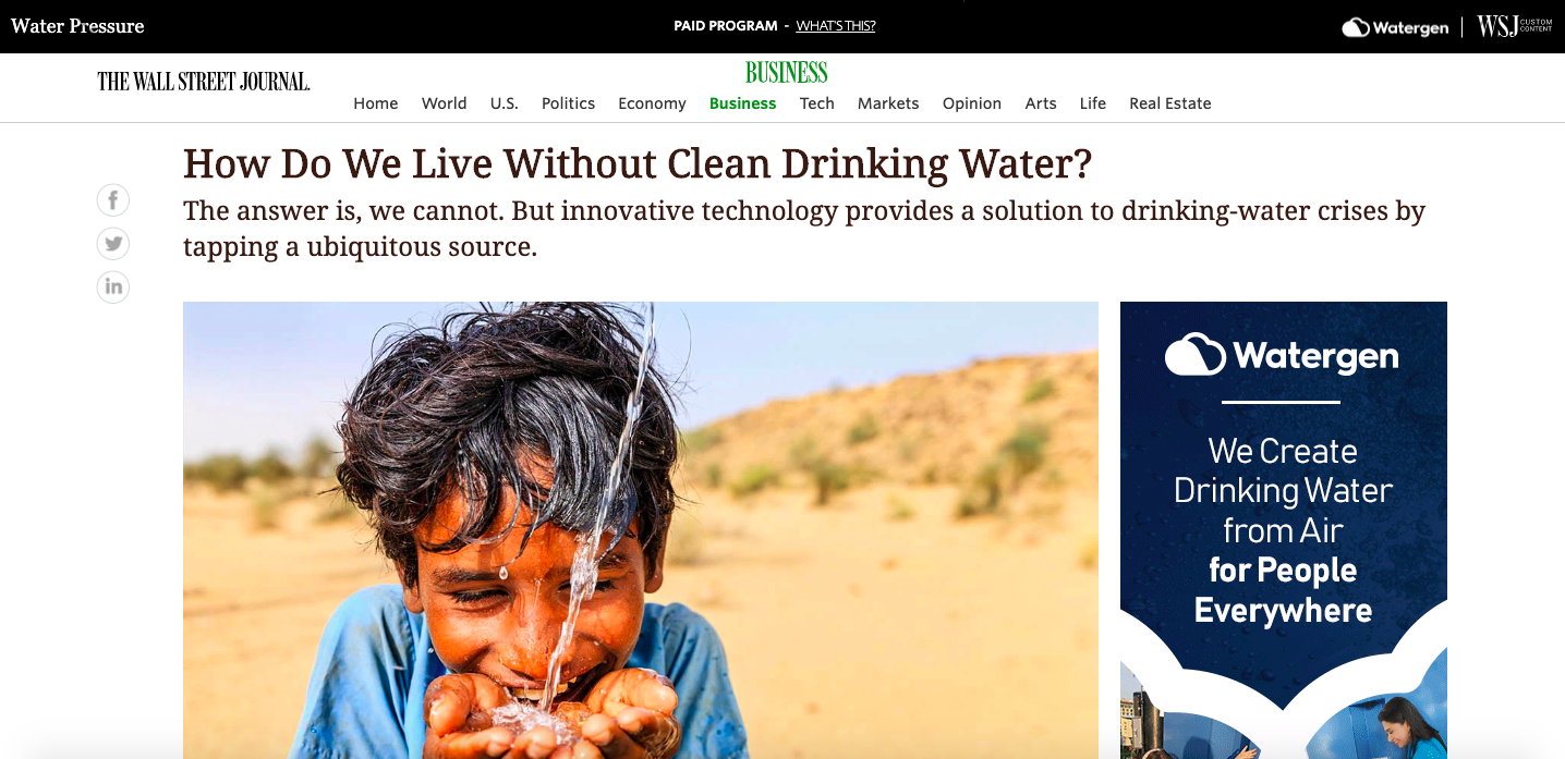 branded content by Watergen on WSJ